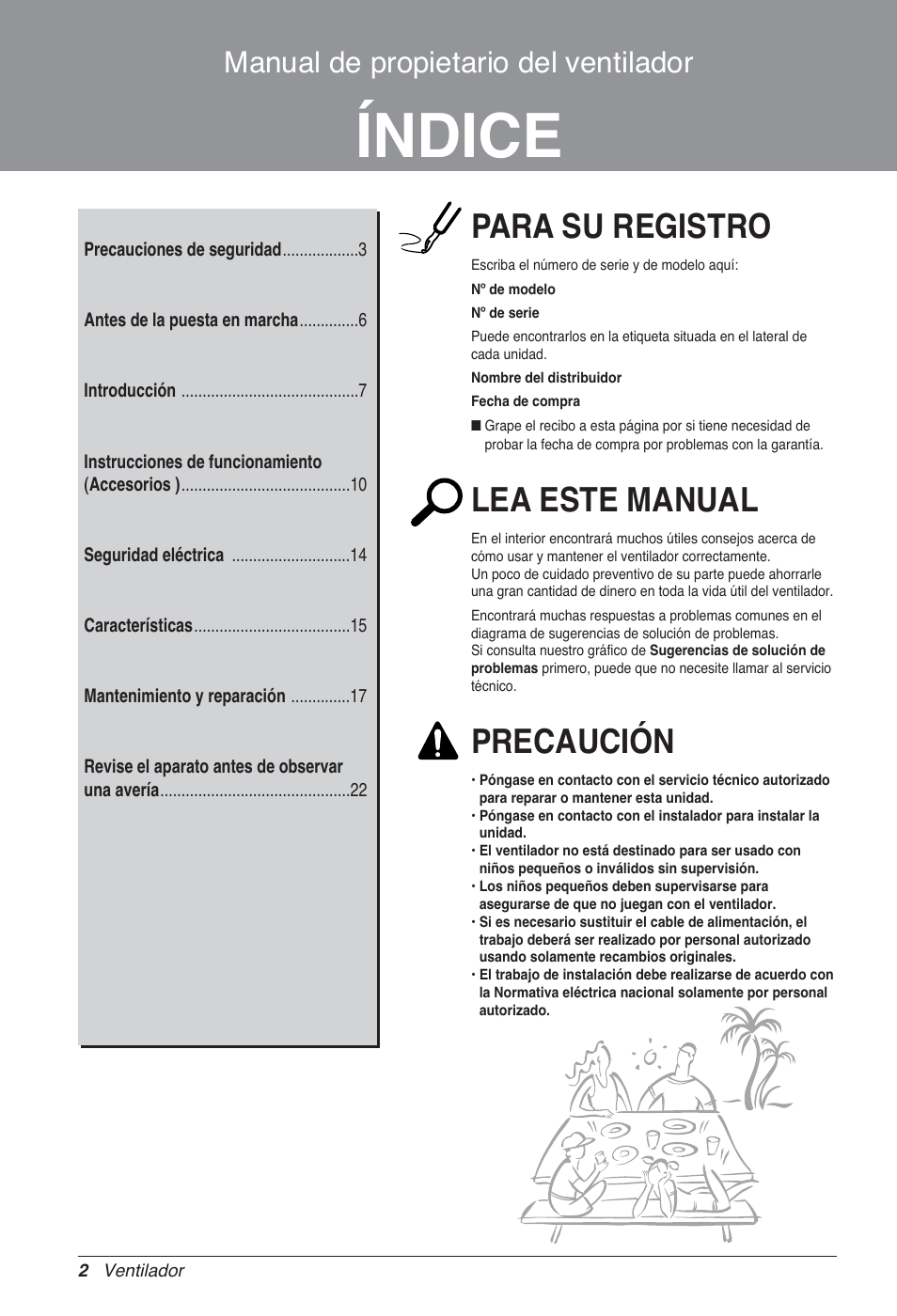 Índice, Para su registro, Lea este manual | Precaución, Manual de propietario del ventilador | LG LZ-H080GBA2 User Manual | Page 46 / 177