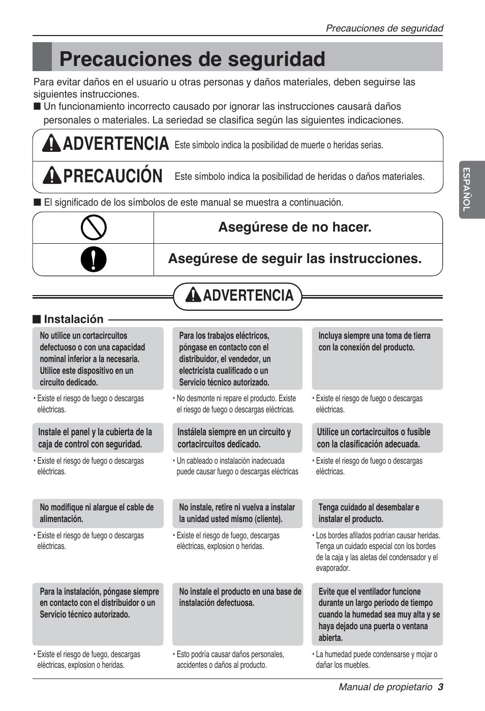 Precauciones de seguridad, Advertencia precaución, Advertencia | LG LZ-H080GBA2 User Manual | Page 47 / 177