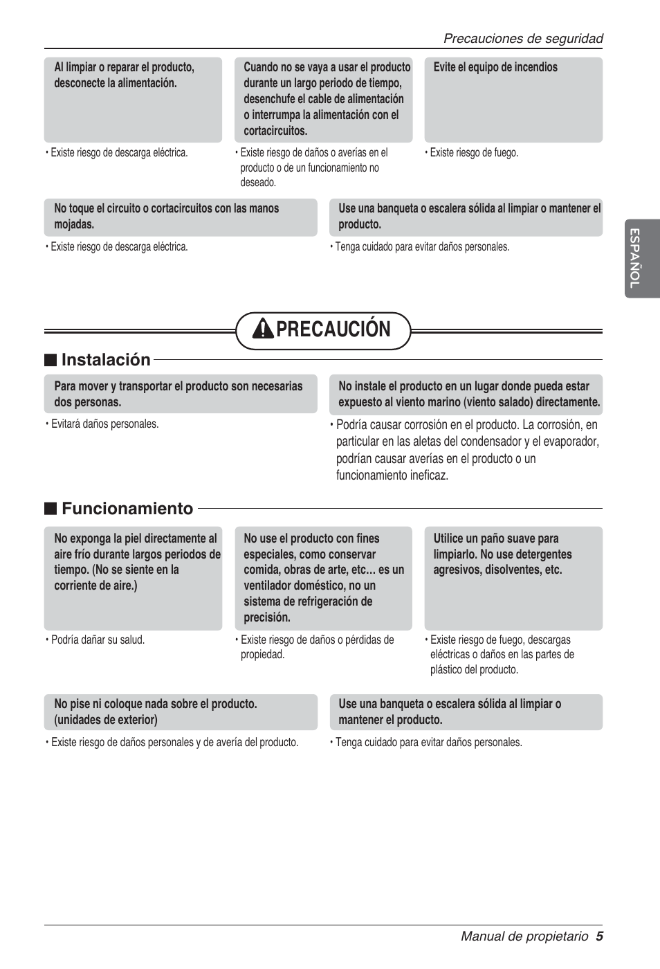 Precaución, Instalación, Funcionamiento | LG LZ-H080GBA2 User Manual | Page 49 / 177