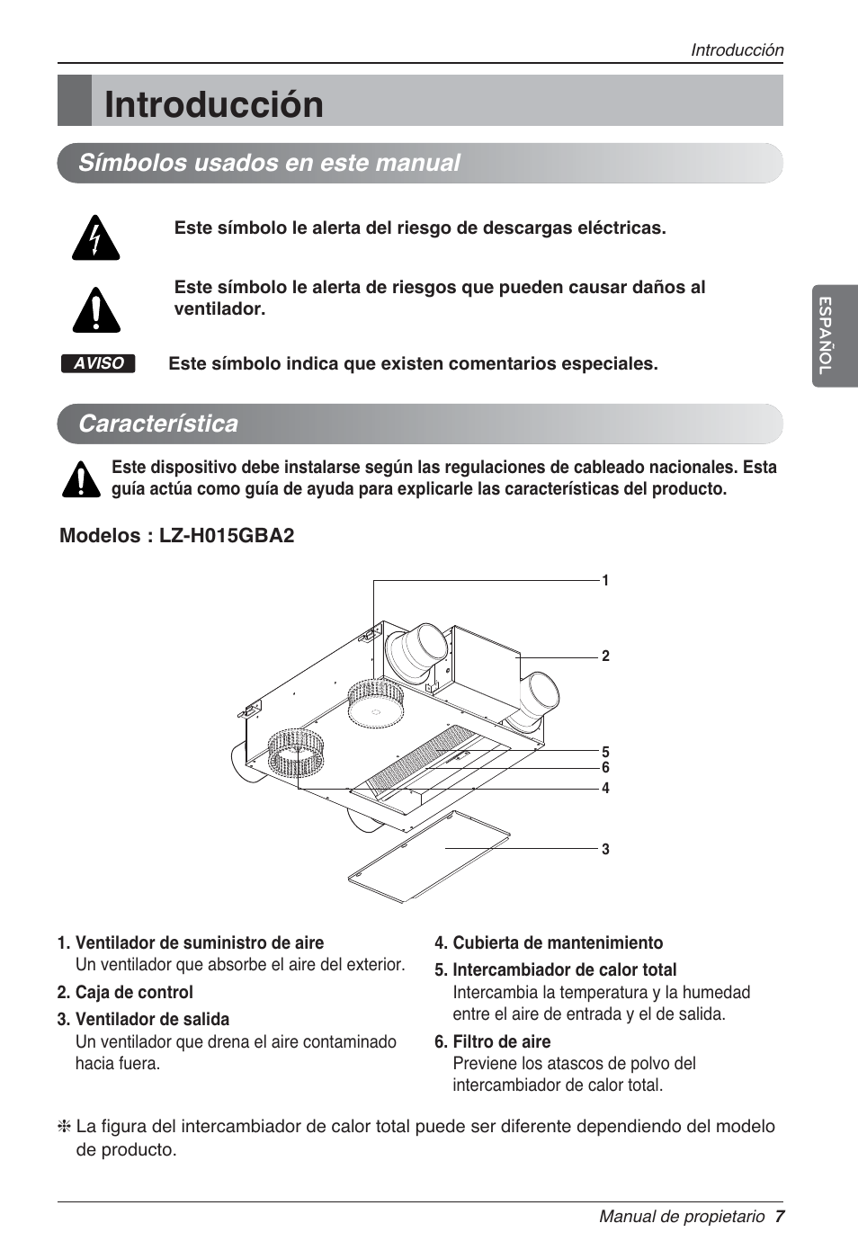 Introducción, Característica, Símbolos usados en este manual | LG LZ-H080GBA2 User Manual | Page 51 / 177