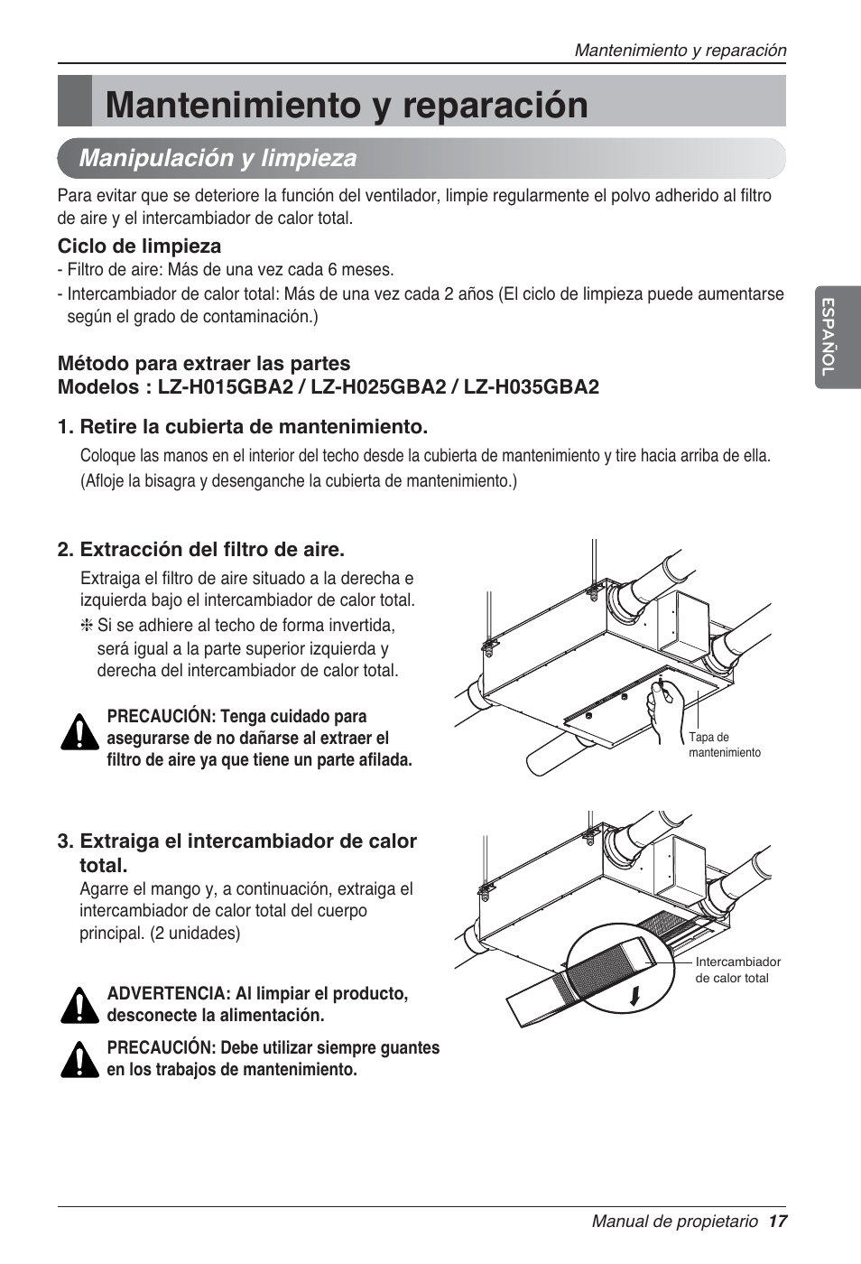 Mantenimiento y reparación, Manipulación y limpieza | LG LZ-H080GBA2 User Manual | Page 61 / 177