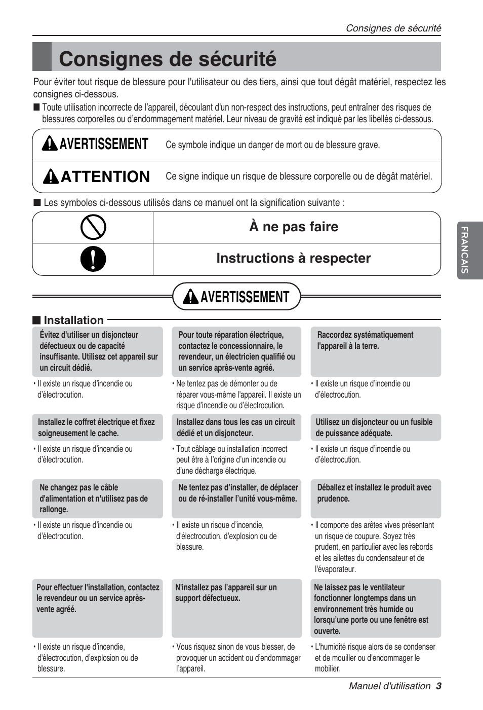Consignes de sécurité, Avertissement attention, Avertissement | À ne pas faire instructions à respecter | LG LZ-H080GBA2 User Manual | Page 69 / 177