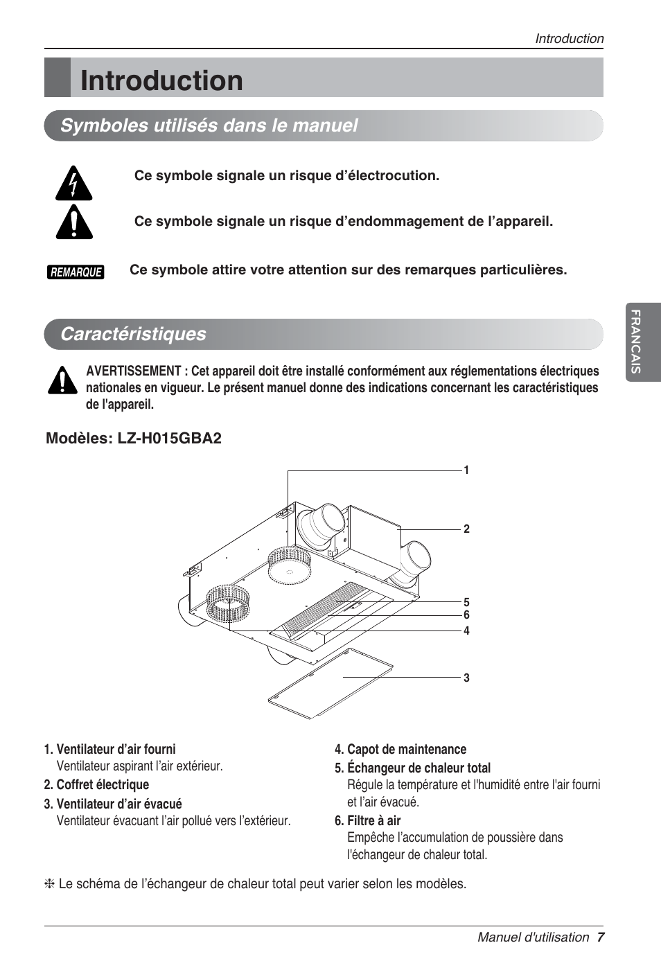 Introduction, Caractéristiques, Symboles utilisés dans le manuel | LG LZ-H080GBA2 User Manual | Page 73 / 177