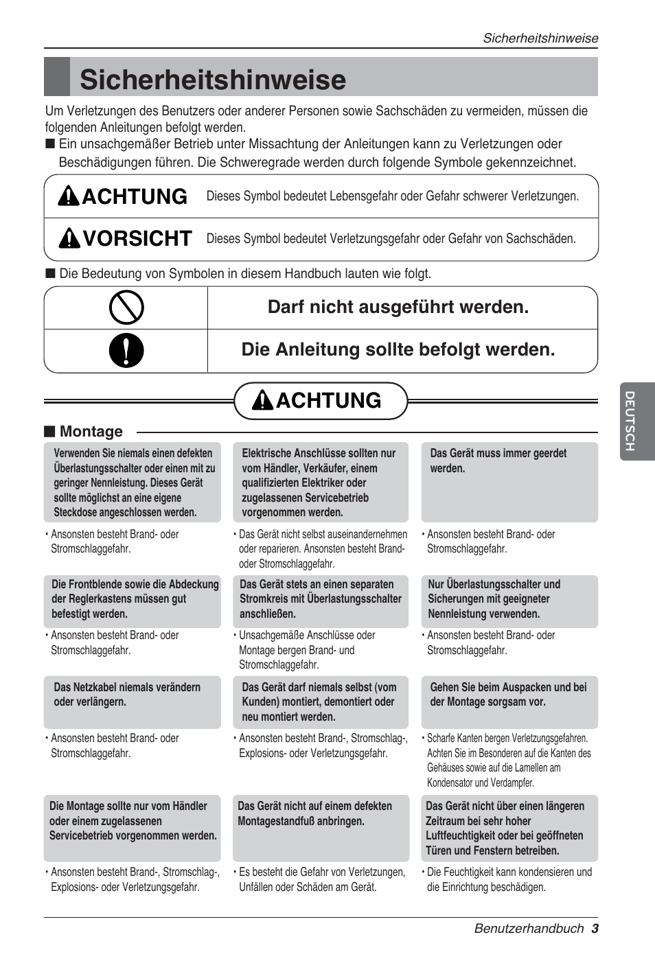 Sicherheitshinweise, Achtung vorsicht, Achtung | LG LZ-H080GBA2 User Manual | Page 91 / 177