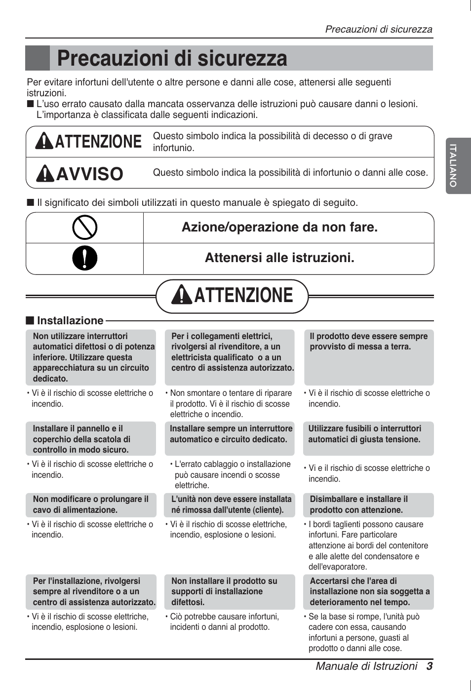 Precauzioni di sicurezza, Attenzione, Attenzione avviso | LG ARNU12GL2G2 User Manual | Page 13 / 91