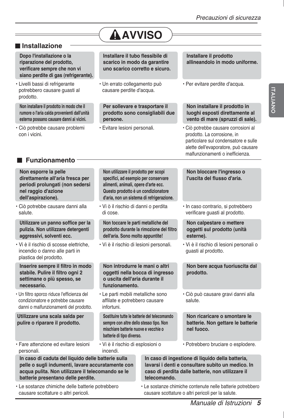 Avviso, Manuale di istruzioni 5, N installazione | N funzionamento | LG ARNU12GL2G2 User Manual | Page 15 / 91