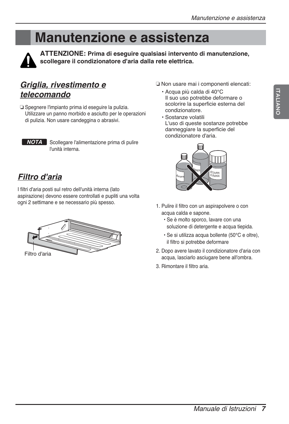 Manutenzione e assistenza, Griglia, rivestimento e telecomando, Filtro d'aria | Manuale di istruzioni 7, Attenzione | LG ARNU12GL2G2 User Manual | Page 17 / 91