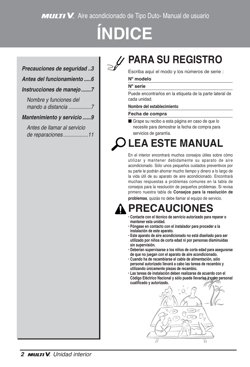 Índice, Para su registro, Lea este manual | Precauciones, Aire acondicionado de tipo duto- manual de usuario | LG ARNU12GL2G2 User Manual | Page 22 / 91