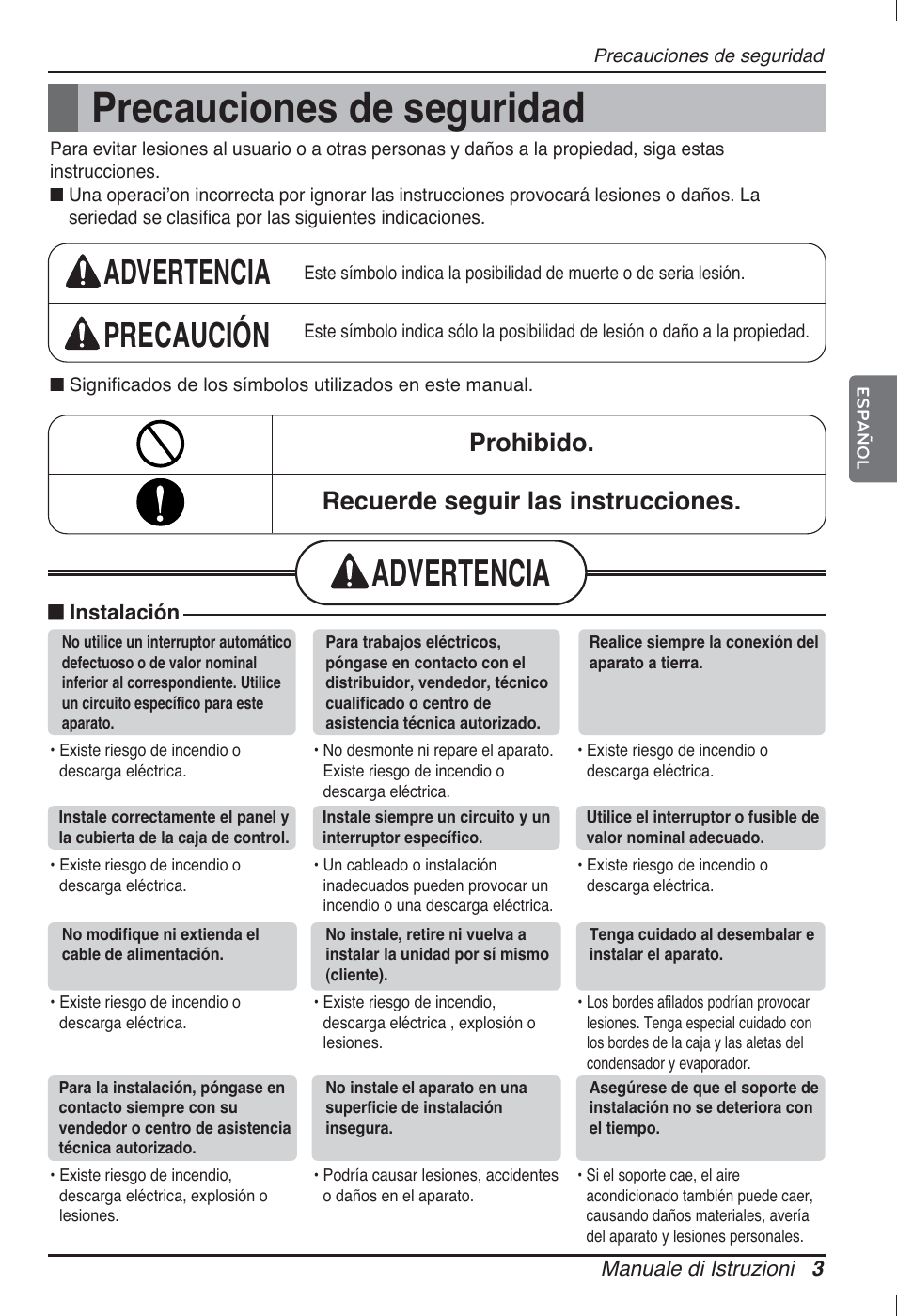 Precauciones de seguridad, Advertencia, Advertencia precaución | Prohibido. recuerde seguir las instrucciones | LG ARNU12GL2G2 User Manual | Page 23 / 91