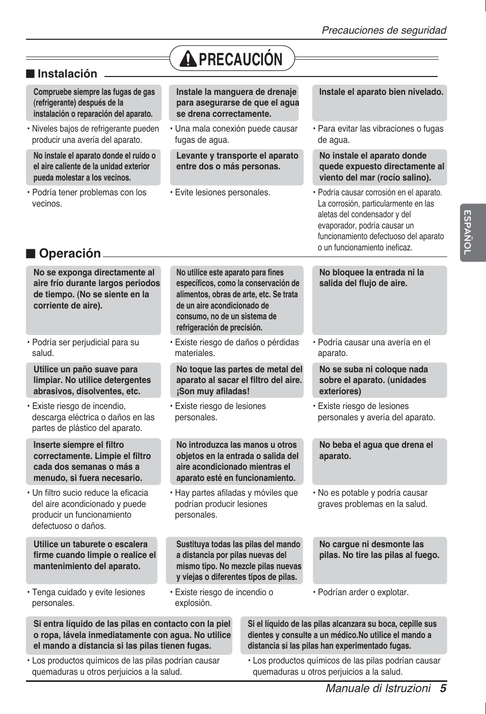 Precaución, N operación, Manuale di istruzioni 5 | N instalación | LG ARNU12GL2G2 User Manual | Page 25 / 91