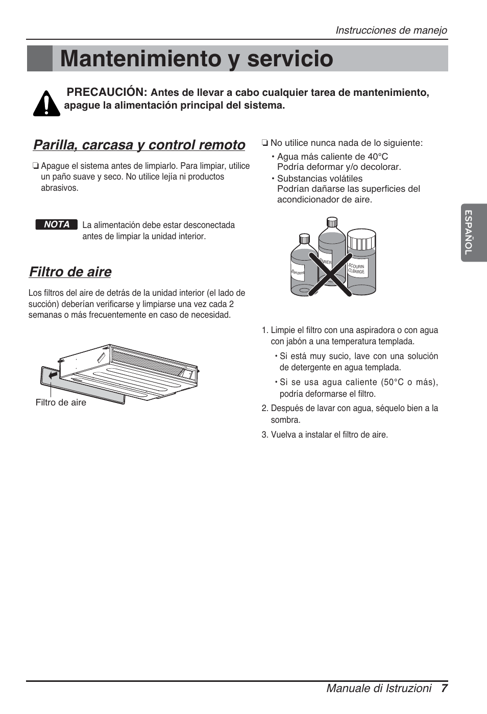 Mantenimiento y servicio, Parilla, carcasa y control remoto, Filtro de aire | Manuale di istruzioni 7, Precaución | LG ARNU12GL2G2 User Manual | Page 27 / 91