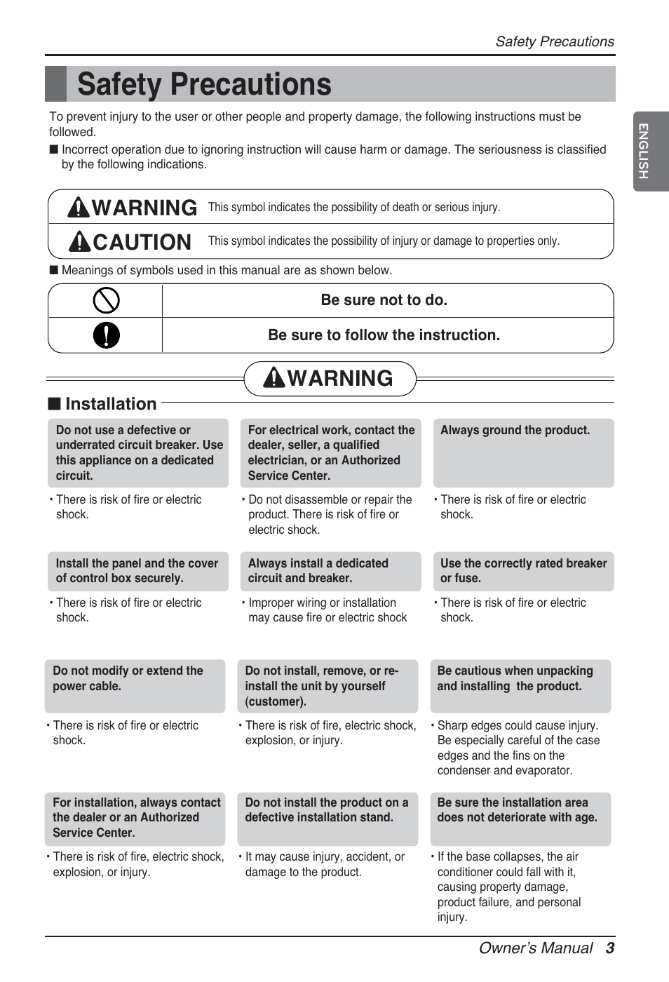 Safety precautions, Warning caution, Warning | N installation | LG ARNU12GL2G2 User Manual | Page 3 / 91