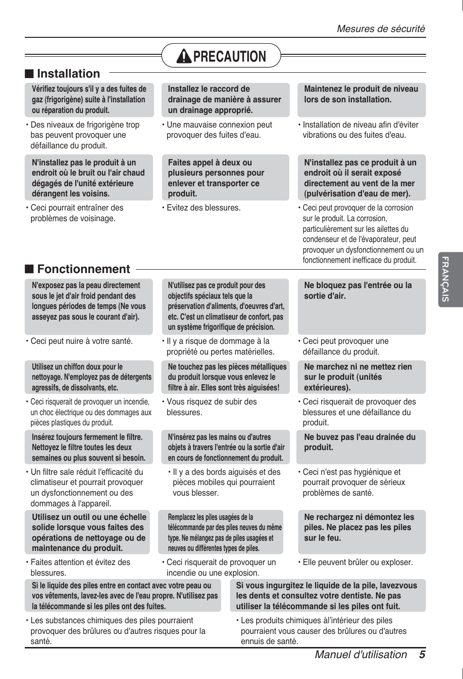 Precaution, N installation, N fonctionnement | Manuel d'utilisation 5 | LG ARNU12GL2G2 User Manual | Page 35 / 91