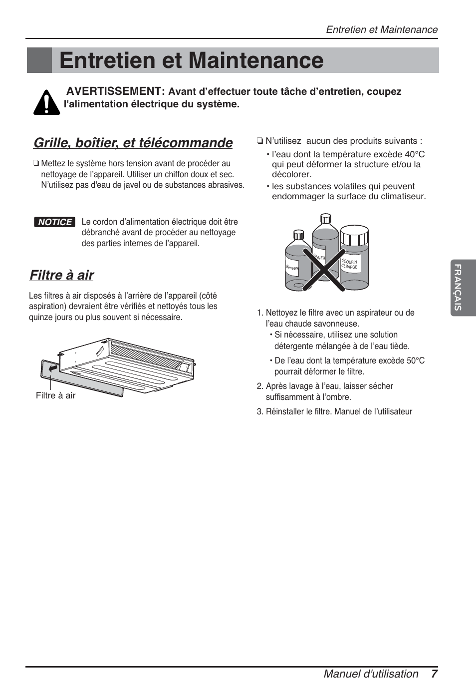 Entretien et maintenance, Grille, boîtier, et télécommande, Filtre à air | Manuel d'utilisation 7, Avertissement | LG ARNU12GL2G2 User Manual | Page 37 / 91