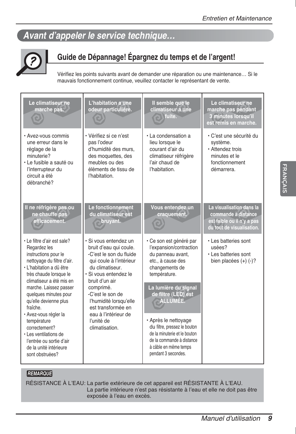 Avant dʼappeler le service technique, Manuel d'utilisation 9 | LG ARNU12GL2G2 User Manual | Page 39 / 91