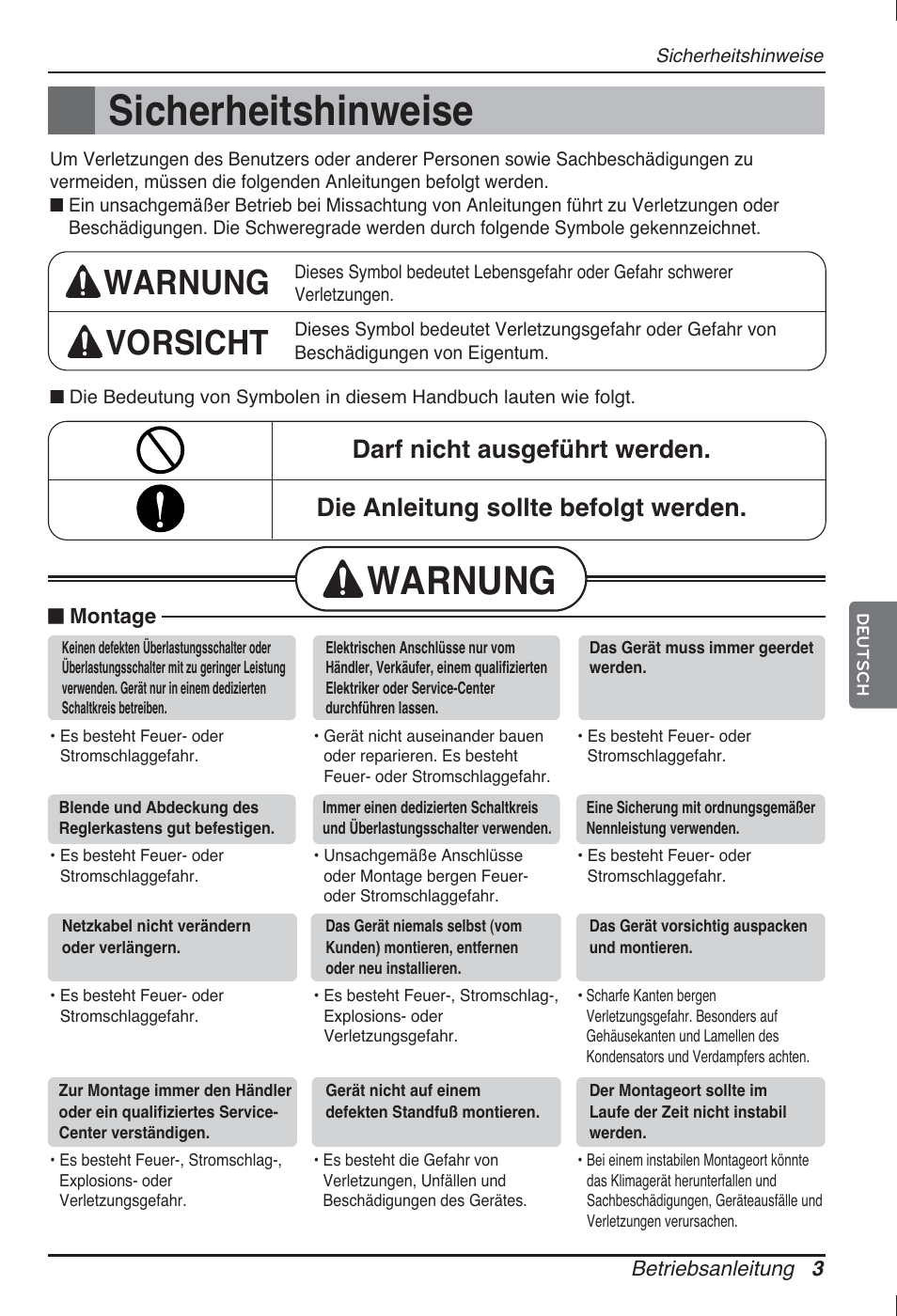 Sicherheitshinweise, Warnung, Warnung vorsicht | LG ARNU12GL2G2 User Manual | Page 43 / 91