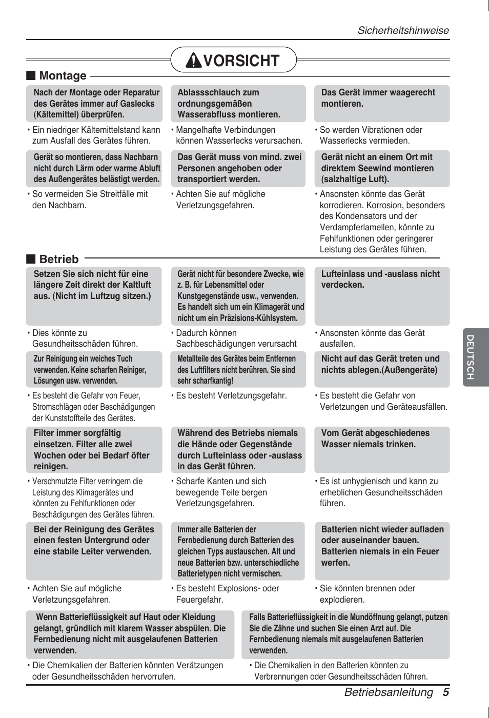 Vorsicht, Betriebsanleitung 5, Montage | Betrieb | LG ARNU12GL2G2 User Manual | Page 45 / 91