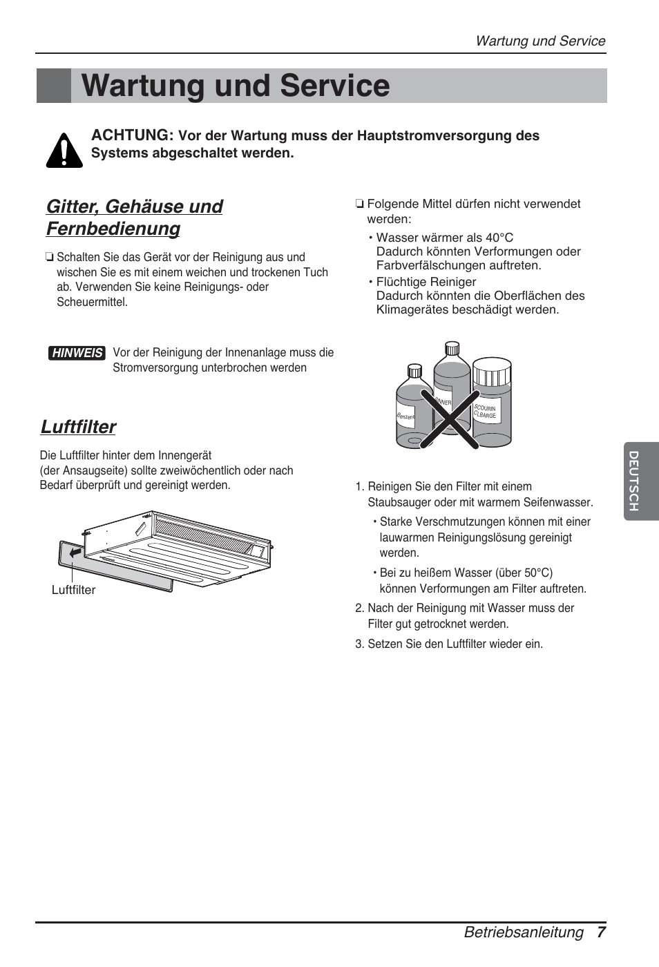 Wartung und service, Gitter, gehäuse und fernbedienung, Luftfilter | Betriebsanleitung 7, Achtung | LG ARNU12GL2G2 User Manual | Page 47 / 91