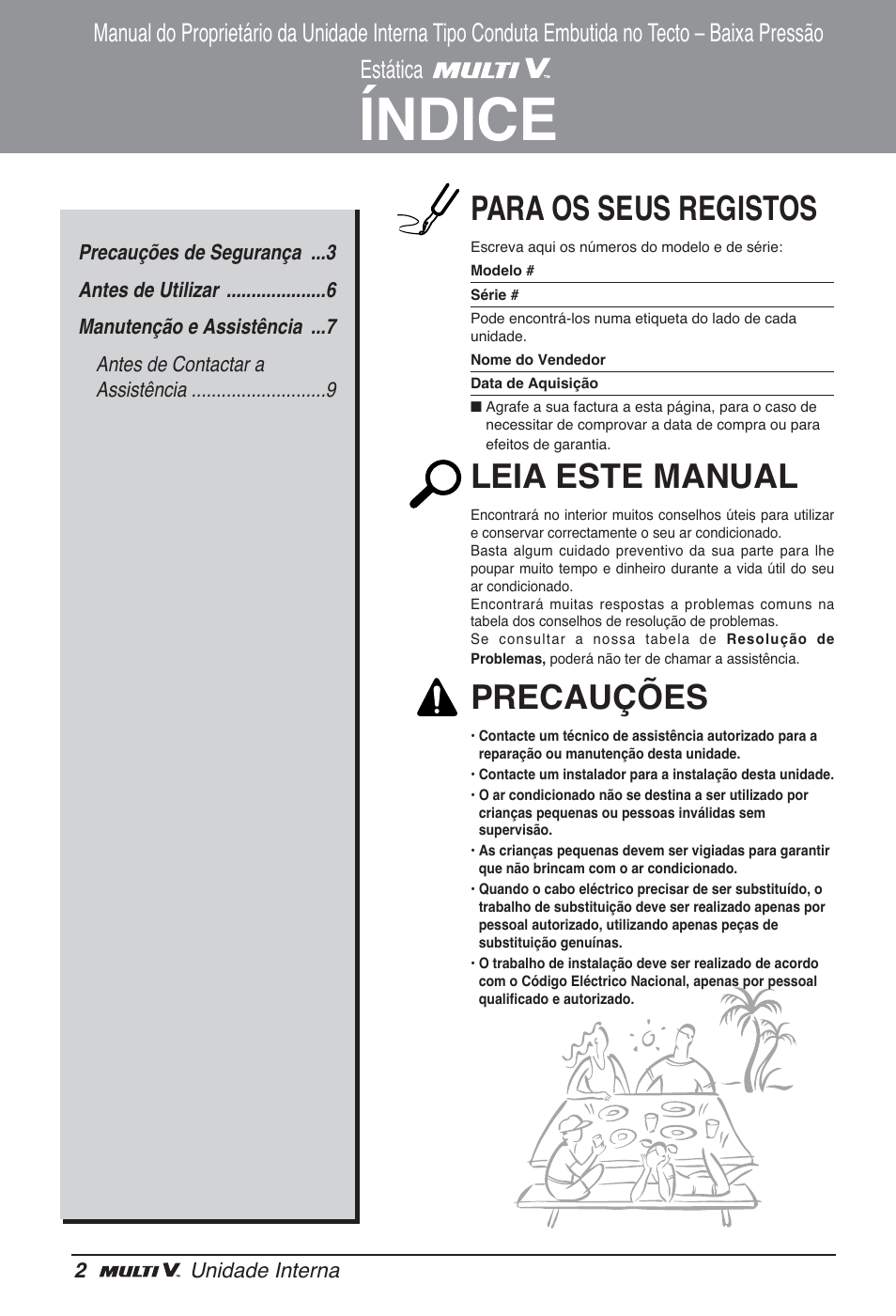 Índice, Para os seus registos, Leia este manual | Precauções | LG ARNU12GL2G2 User Manual | Page 52 / 91