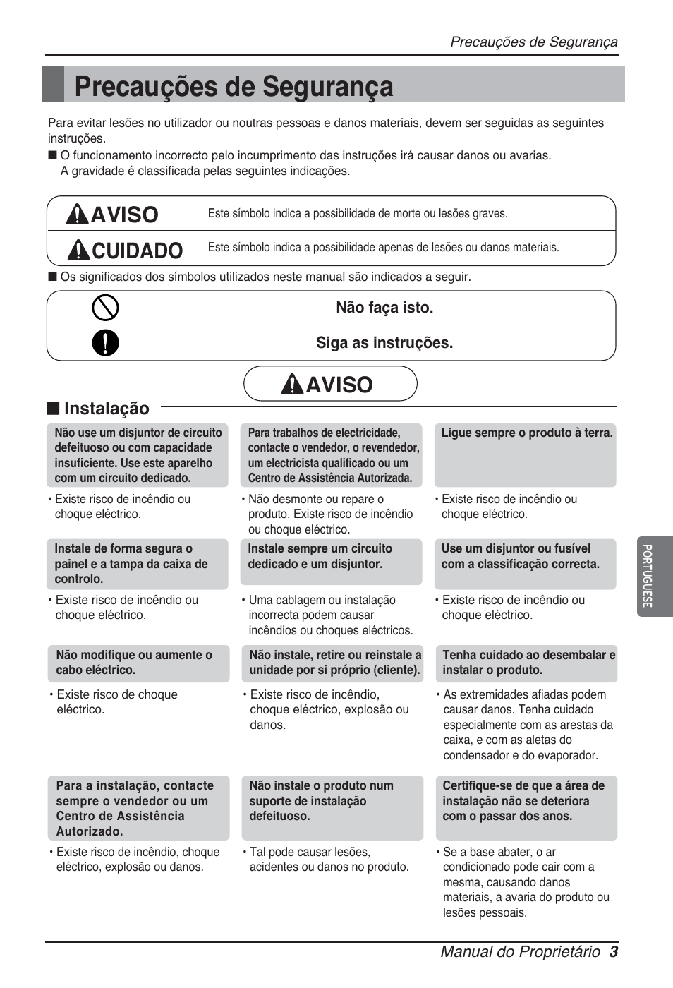 Precauções de segurança, Aviso cuidado, Aviso | N instalação | LG ARNU12GL2G2 User Manual | Page 53 / 91