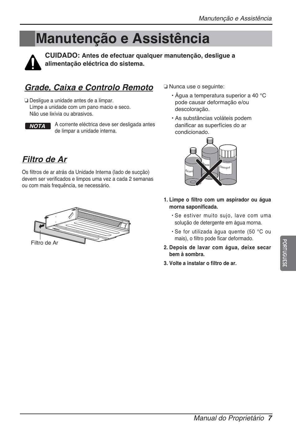 Manutenção e assistência, Grade, caixa e controlo remoto, Filtro de ar | Manual do proprietário 7, Cuidado | LG ARNU12GL2G2 User Manual | Page 57 / 91