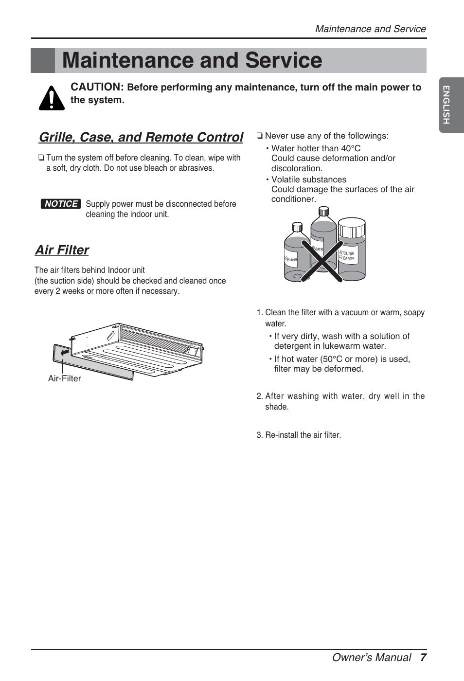 Maintenance and service, Grille, case, and remote control, Air filter | Ownerʼs manual 7, Caution | LG ARNU12GL2G2 User Manual | Page 7 / 91