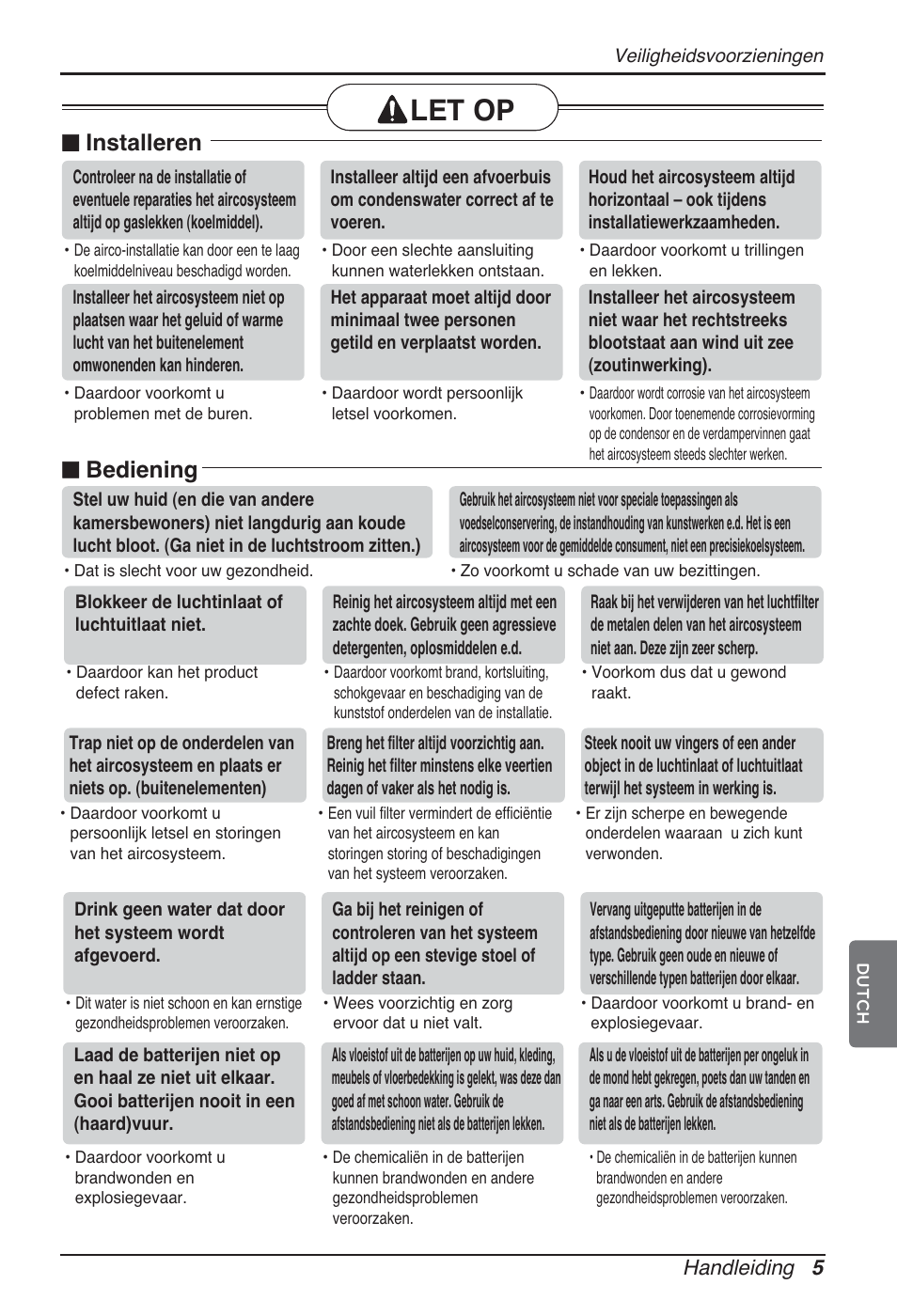Let op, N installeren, N bediening | Handleiding 5 | LG ARNU12GL2G2 User Manual | Page 75 / 91