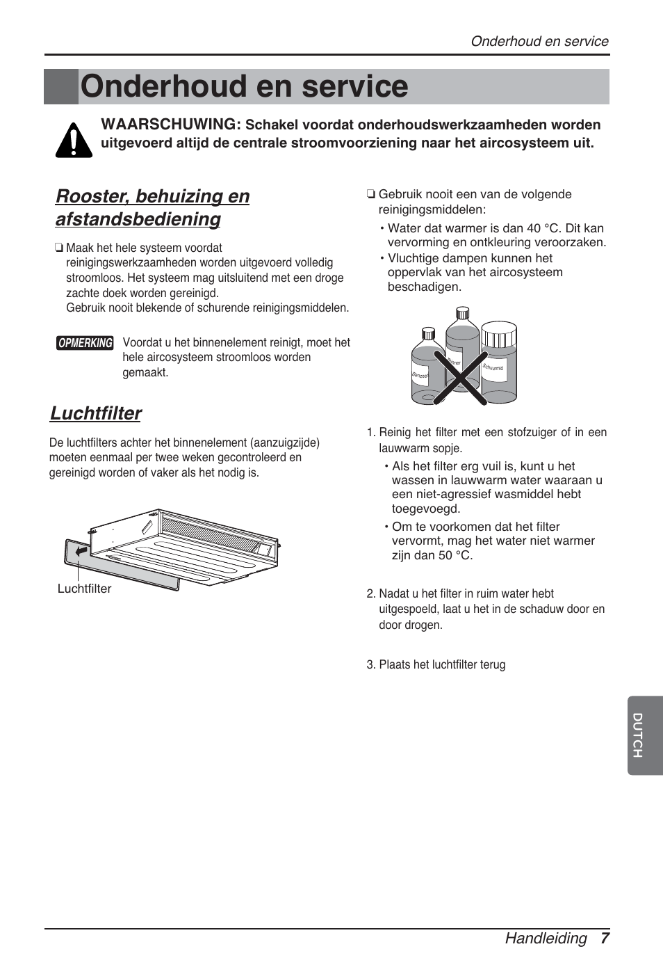 Onderhoud en service, Rooster, behuizing en afstandsbediening, Luchtfilter | Handleiding 7, Waarschuwing | LG ARNU12GL2G2 User Manual | Page 77 / 91