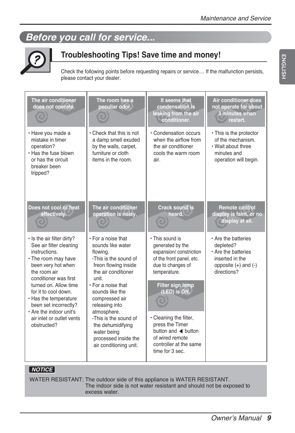 Before you call for service, Troubleshooting tips! save time and money, Ownerʼs manual 9 | LG ARNU12GL2G2 User Manual | Page 9 / 91