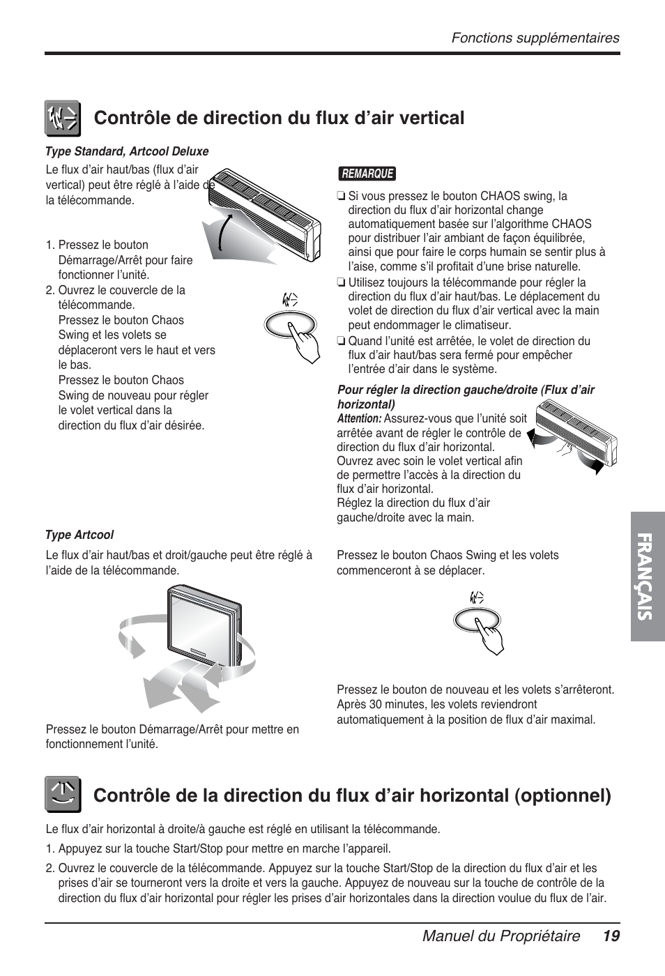 Français, Contrôle de direction du flux dʼair vertical, Manuel du propriétaire 19 | LG FM15AH-UL3 User Manual | Page 109 / 147