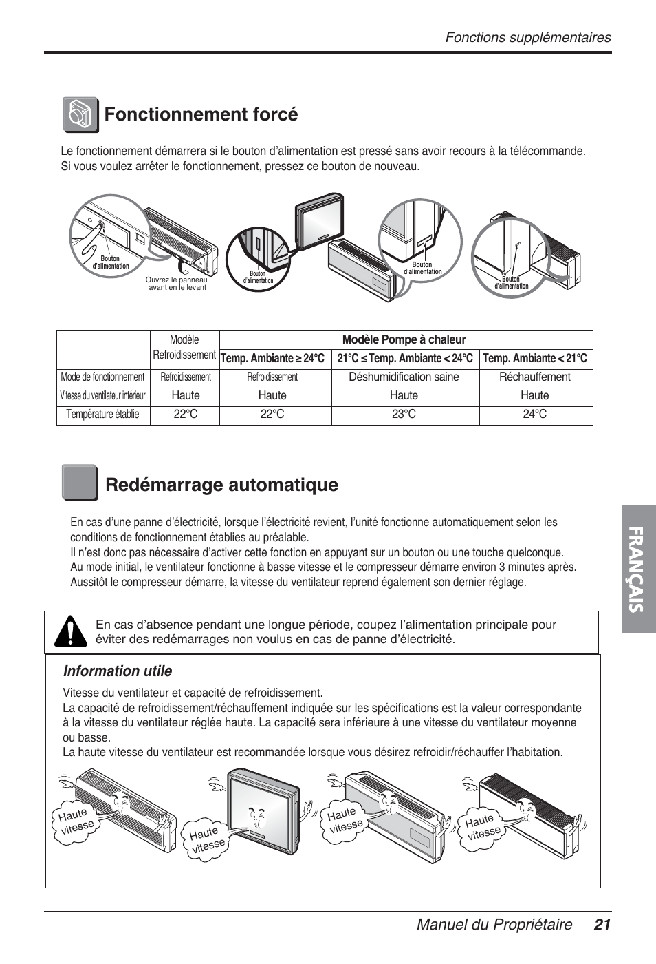 Français, Fonctionnement forcé redémarrage automatique, Manuel du propriétaire 21 | Information utile, Fonctions supplémentaires | LG FM15AH-UL3 User Manual | Page 111 / 147