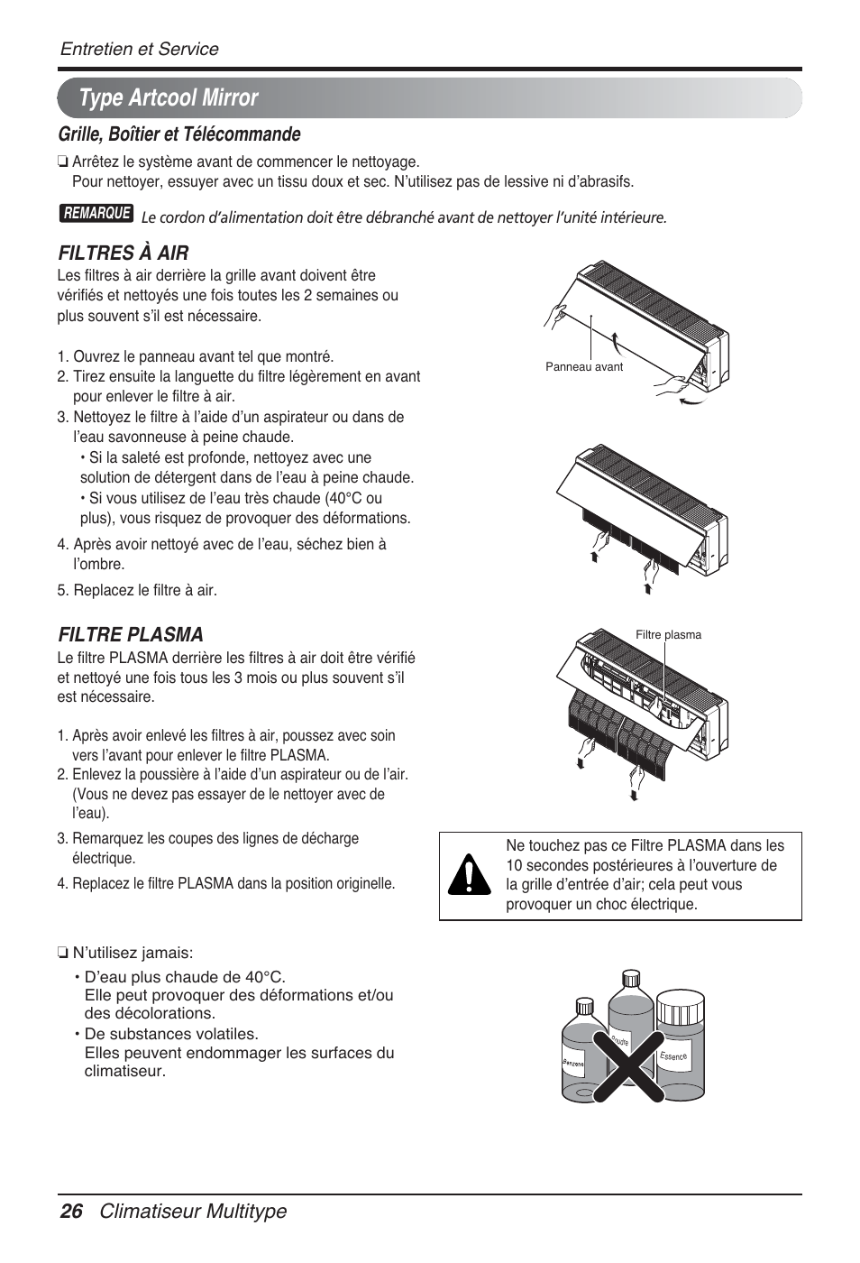 Type artcool mirror, 26 climatiseur multitype, Filtres à air | Filtre plasma, Grille, boîtier et télécommande | LG FM15AH-UL3 User Manual | Page 116 / 147