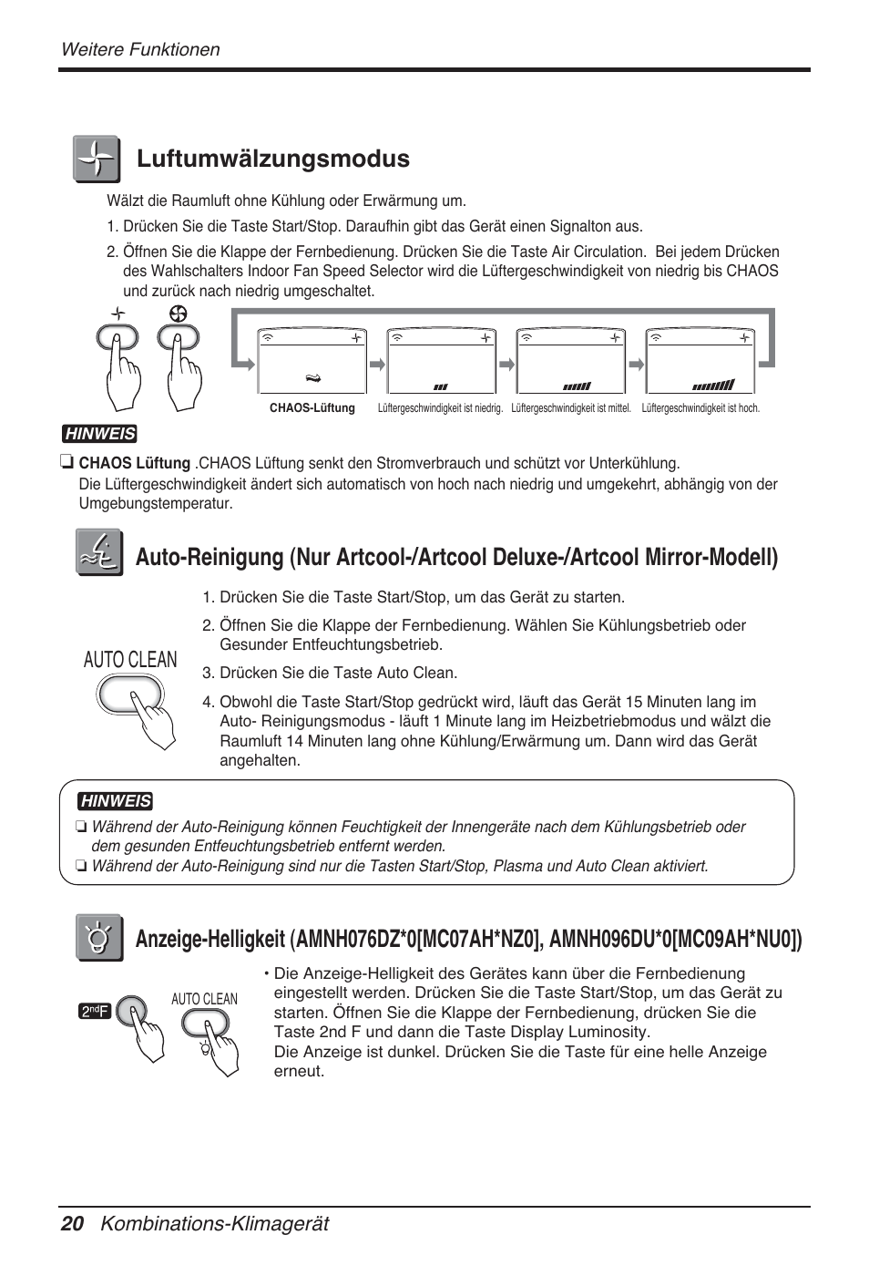 Luftumwälzungsmodus, Auto clean, 20 kombinations-klimagerät | LG FM15AH-UL3 User Manual | Page 138 / 147