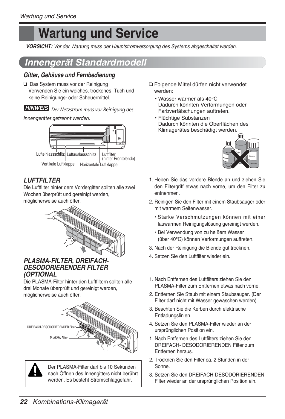 Wartung und service, Innengerät standardmodell, 22 kombinations-klimagerät | Gitter, gehäuse und fernbedienung, Luftfilter | LG FM15AH-UL3 User Manual | Page 140 / 147
