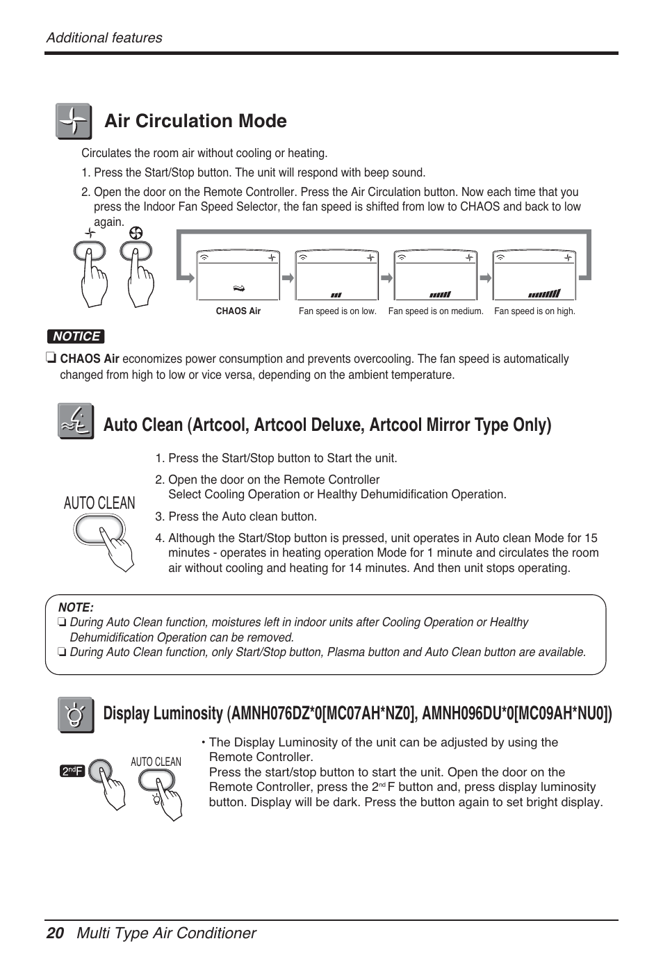 Air circulation mode, Auto clean, 20 multi type air conditioner | LG FM15AH-UL3 User Manual | Page 20 / 147