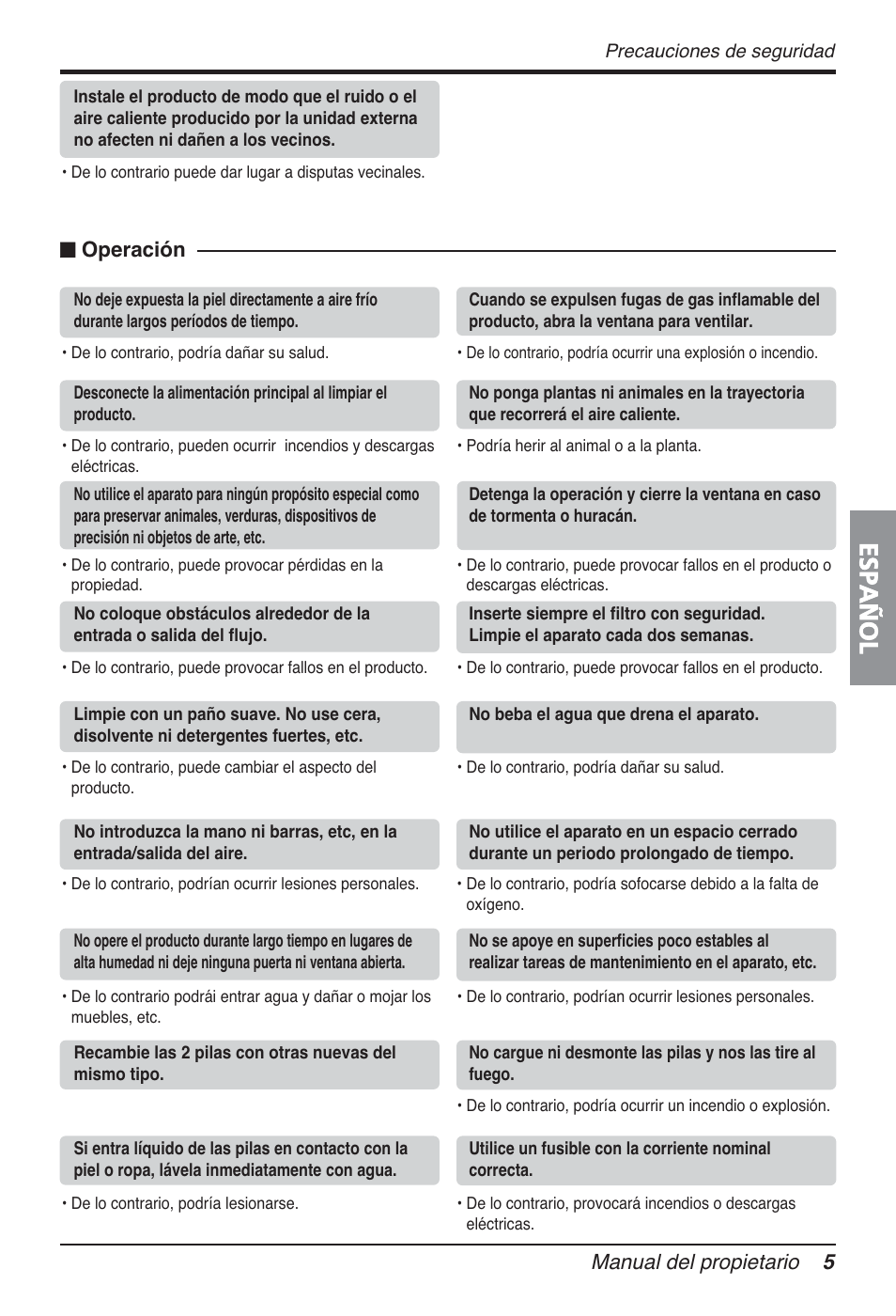 Español, Manual del propietario 5, N operación | LG FM15AH-UL3 User Manual | Page 61 / 147