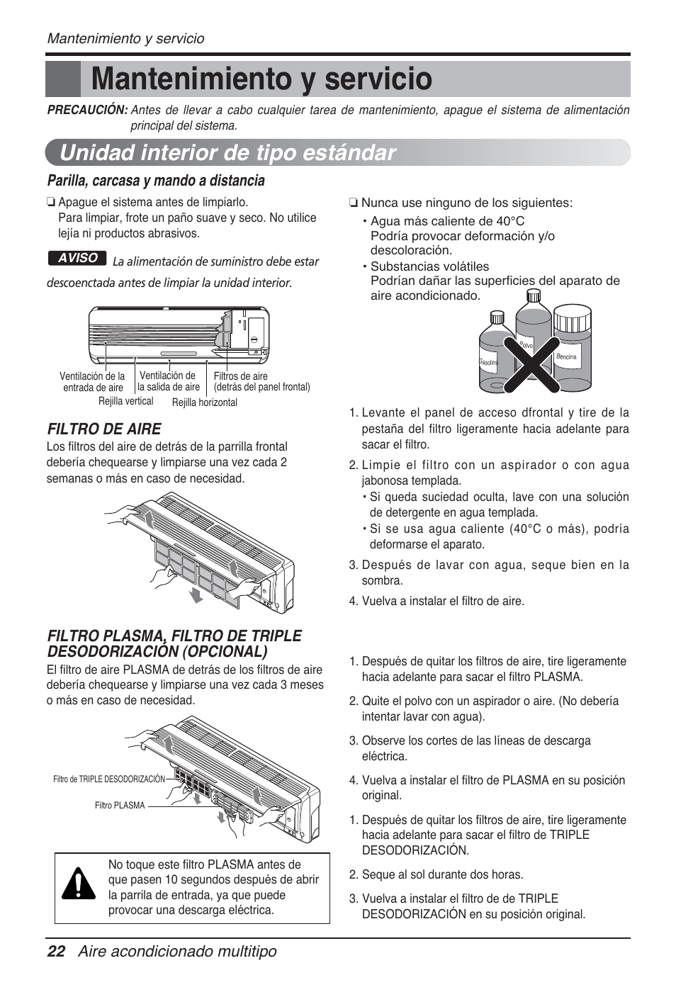 Mantenimiento y servicio, Unidad interior de tipo estándar, 22 aire acondicionado multitipo | Parilla, carcasa y mando a distancia, Filtro de aire | LG FM15AH-UL3 User Manual | Page 78 / 147