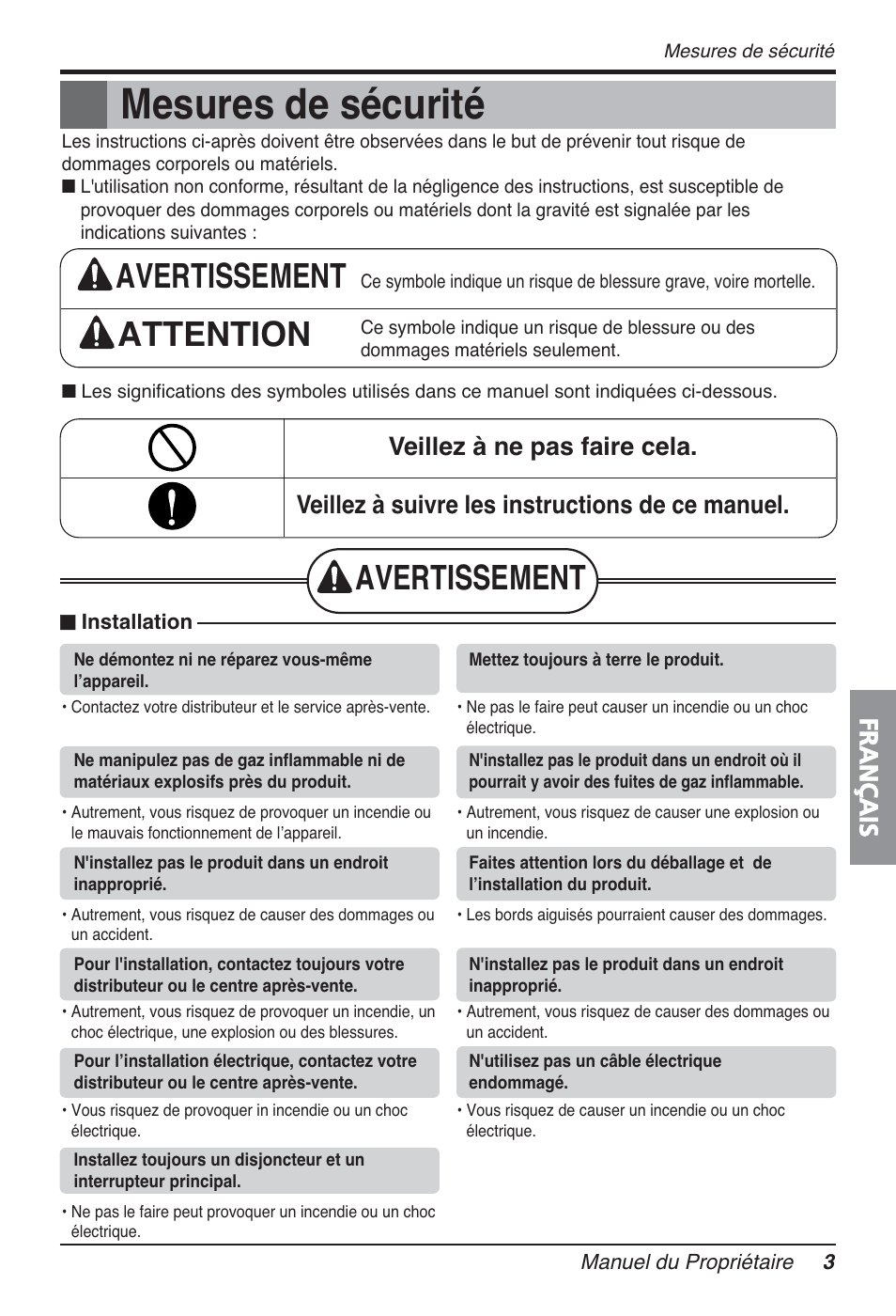 Mesures de sécurité, Avertissement attention, Avertissement | Français | LG FM15AH-UL3 User Manual | Page 93 / 147
