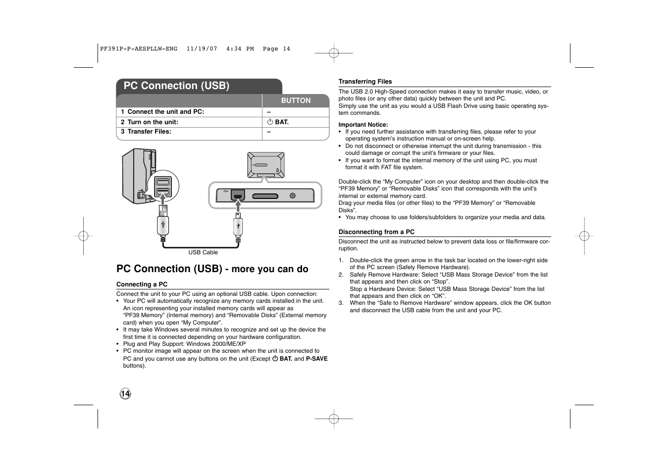 Pc connection (usb), More you can do | LG PF391 User Manual | Page 14 / 32