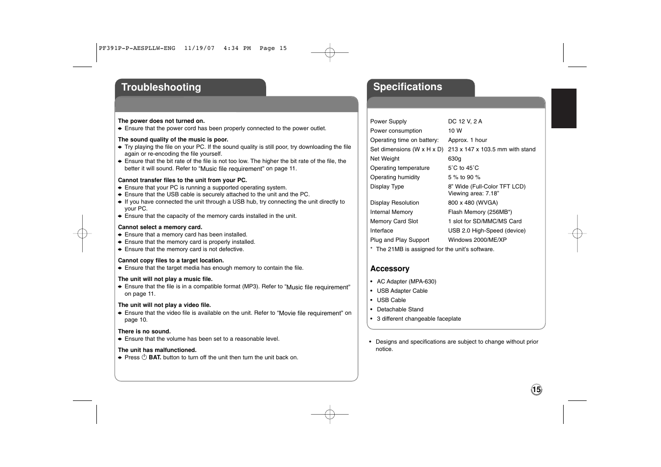 Specifications troubleshooting | LG PF391 User Manual | Page 15 / 32