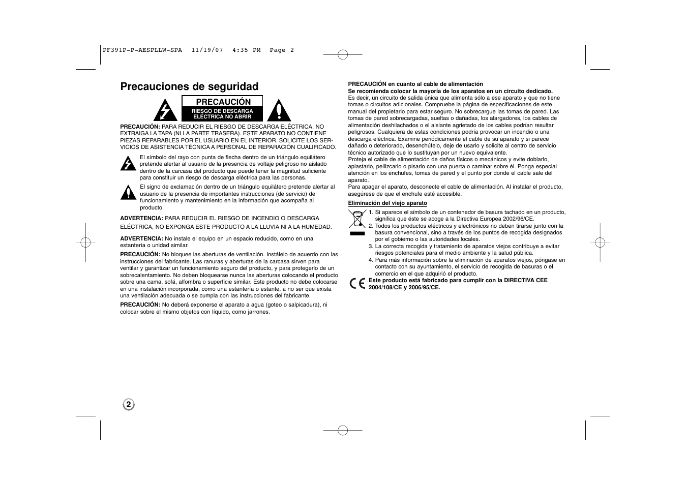 Precauciones de seguridad | LG PF391 User Manual | Page 18 / 32