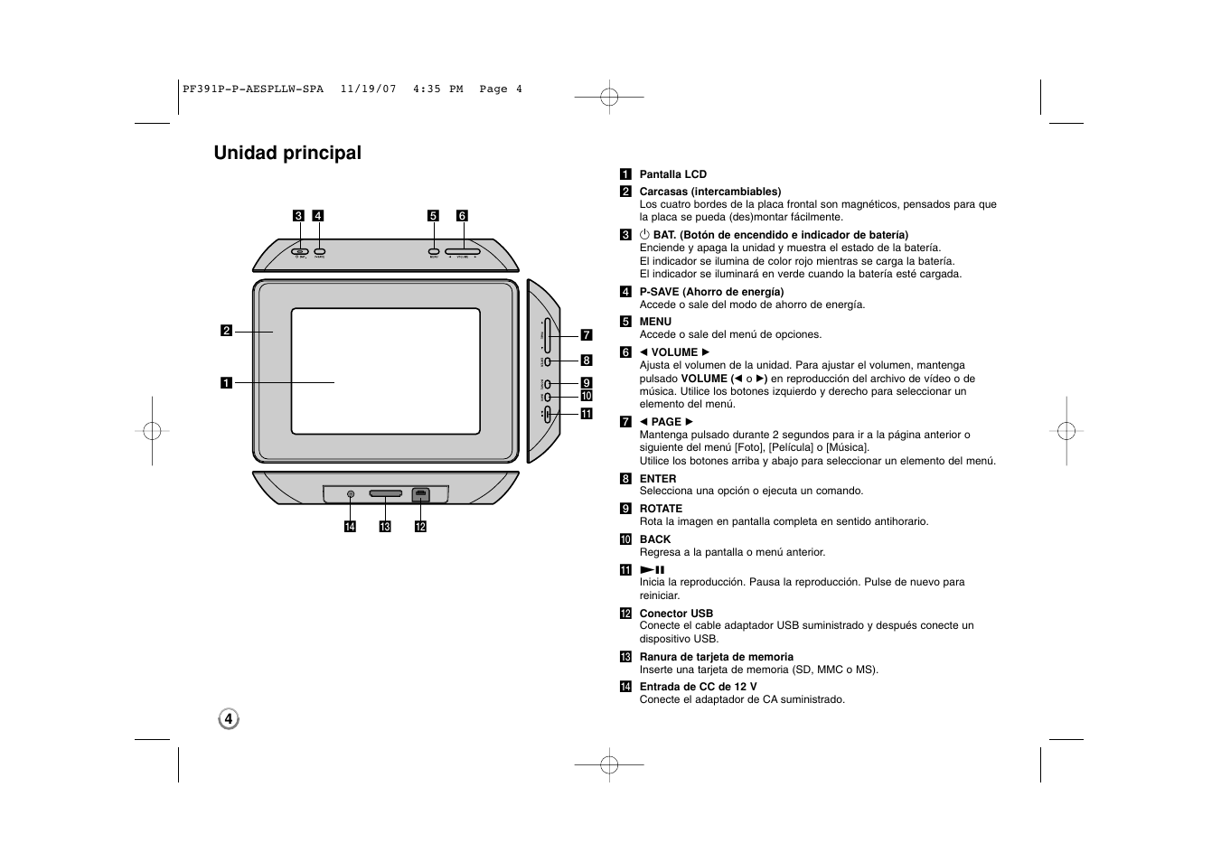 Unidad principal | LG PF391 User Manual | Page 20 / 32