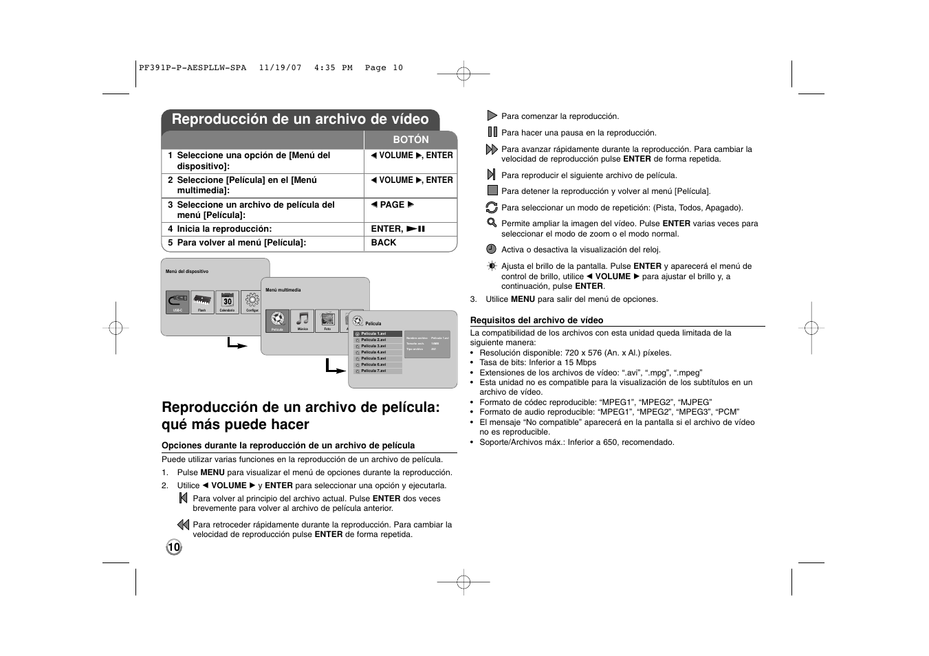 Reproducción de un archivo de vídeo | LG PF391 User Manual | Page 26 / 32