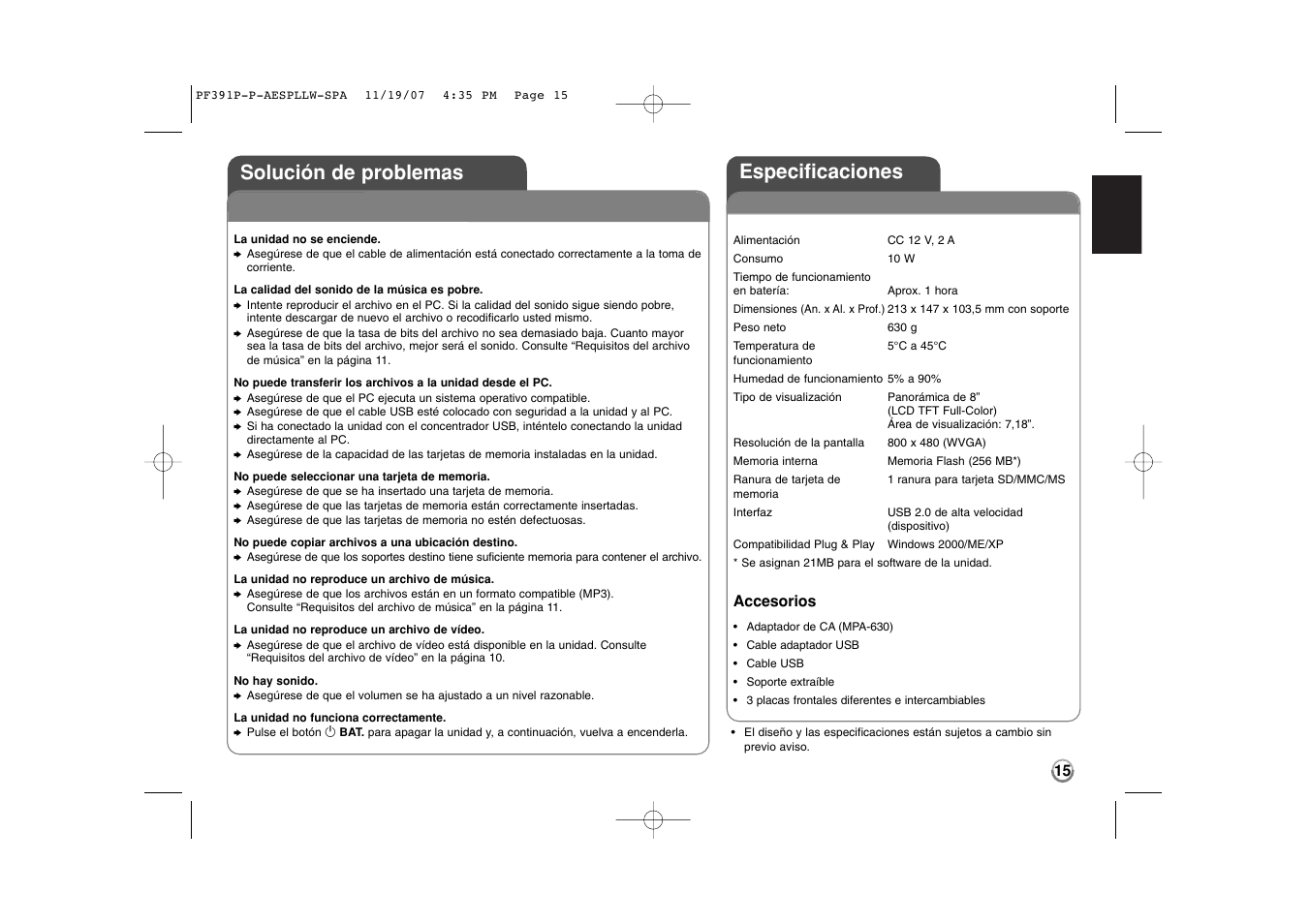 Especificaciones solución de problemas | LG PF391 User Manual | Page 31 / 32