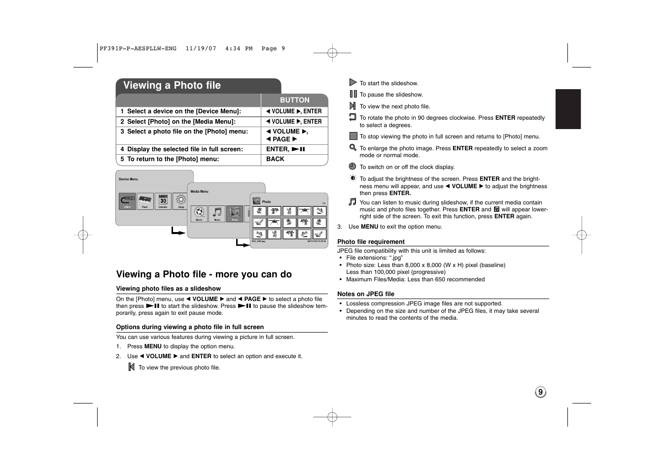 Viewing a photo file, Viewing a photo file - more you can do | LG PF391 User Manual | Page 9 / 32