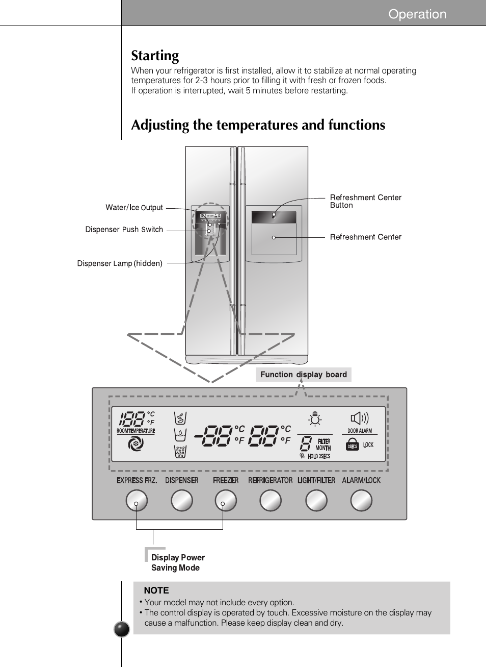 Starting, Adjusting the temperatures and functions, Operation | LG GR-L217LCX User Manual | Page 10 / 85
