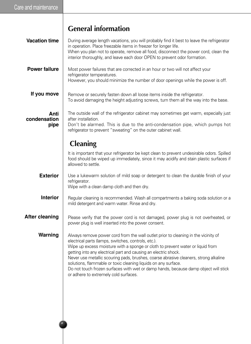 General information cleaning, Care and maintenance | LG GR-L217LCX User Manual | Page 23 / 85