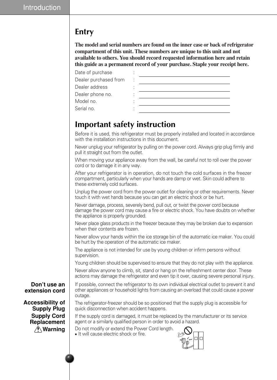 Entry, Important safety instruction, Introduction | LG GR-L217LCX User Manual | Page 3 / 85