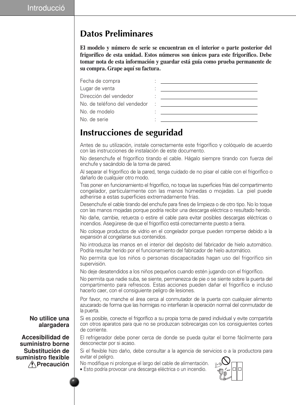 Datos preliminares, Instrucciones de seguridad, Introducció | LG GR-L217LCX User Manual | Page 30 / 85