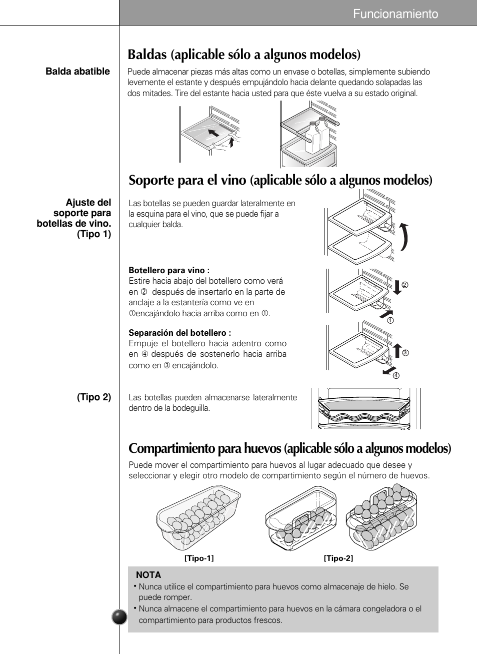 Baldas (aplicable sólo a algunos modelos), Funcionamiento | LG GR-L217LCX User Manual | Page 43 / 85
